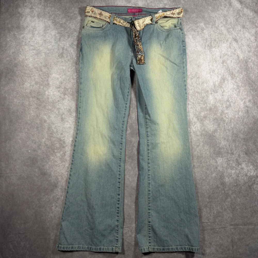 GLO Light Wash Blue Flare Jeans Sz 11 Embroidered Pockets Belted Y2K Boho Indie